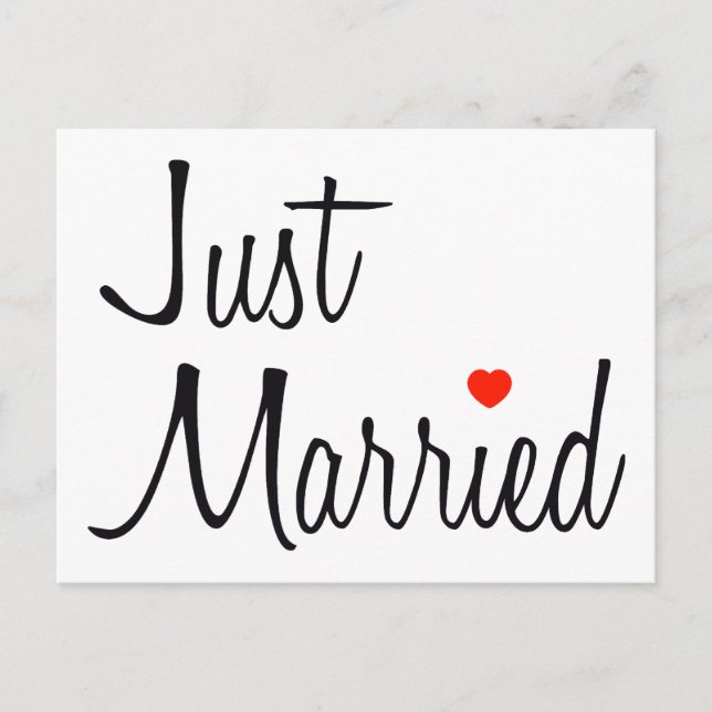 Just Married (Script With Red Heart) Announcement Postcard (Front)