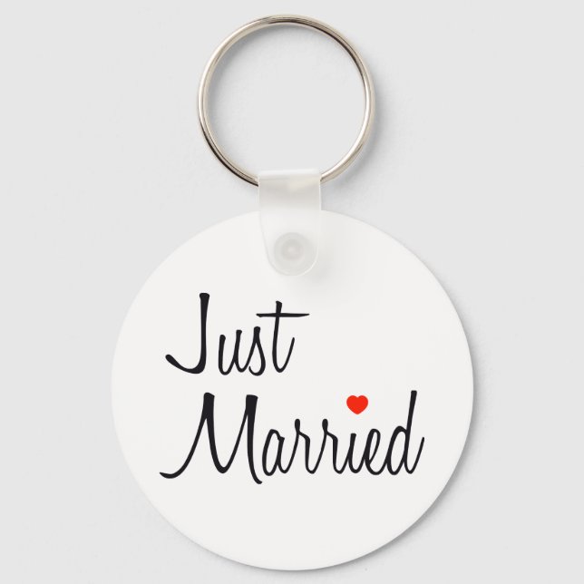 Just Married (Script With Red Heart) Key Ring (Front)