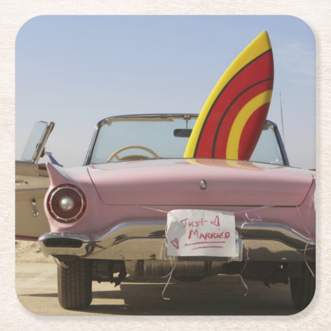Just Married Sign And Surfboard Square Paper Coaster (Front)
