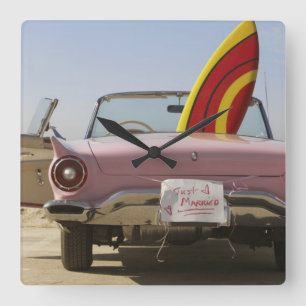 Just Married Sign And Surfboard Square Wall Clock