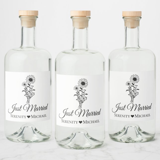 Just Married Sunflower Wedding Rustic Wildflowers Liquor Bottle Label (Bottles)