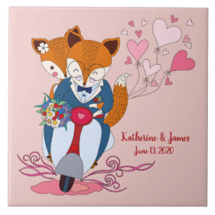 Just Married, Sweet Foxes on Bike, Customised Ceramic Tile