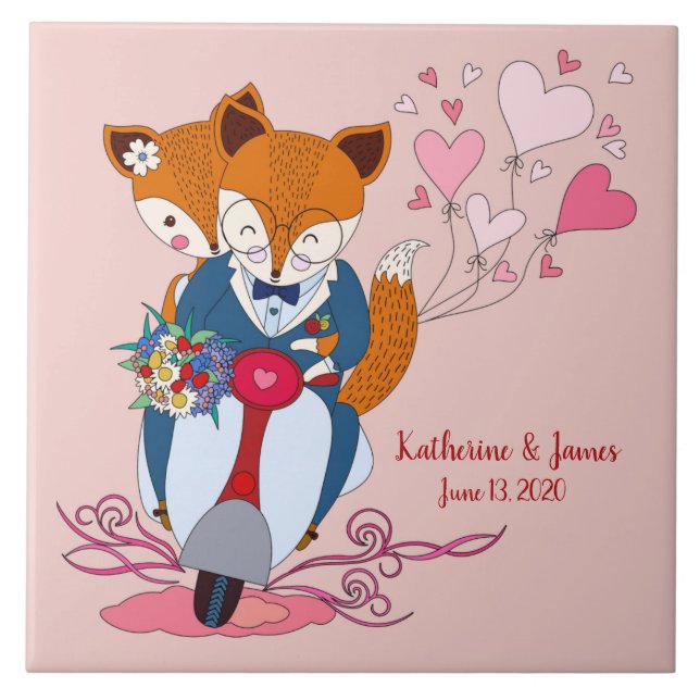 Just Married, Sweet Foxes on Bike, Customised Ceramic Tile (Front)