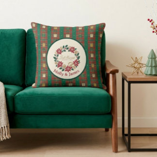 Just Married Tartan Plaid Christmas Wreath Couple Cushion