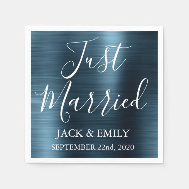 Just Married Teal Blue Modern Napkins (Front)