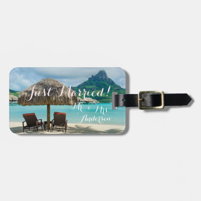 Just married tropical honeymoon trip luggage tag (Front Horizontal)