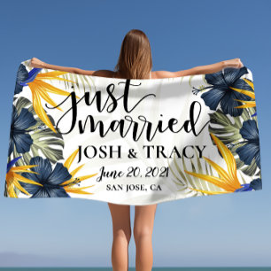 Just Married Tropical Newlyweds Personalised Gifts Beach Towel