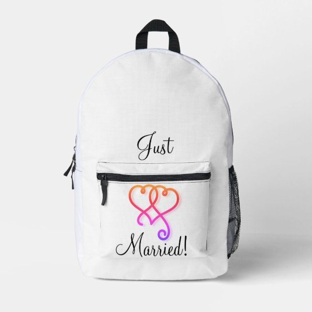 Just Married Two Linked Swirly Rainbow Hearts Car Printed Backpack (Front)
