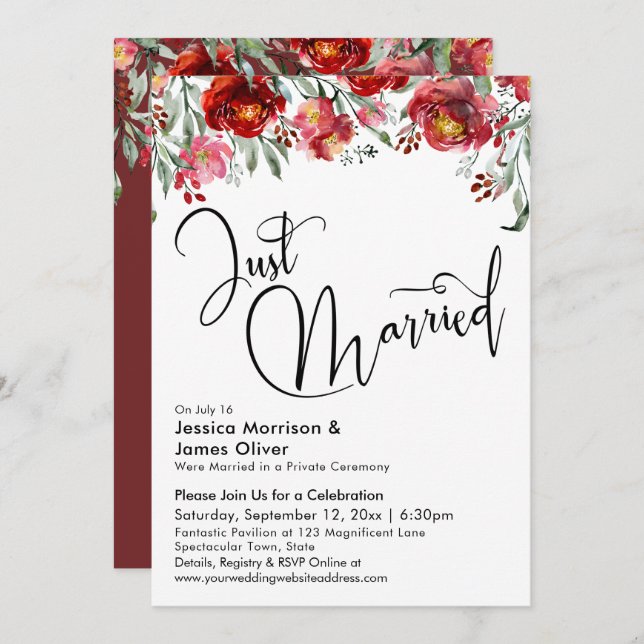 Just Married Typography Burgundy Red Floral Invitation (Front/Back)