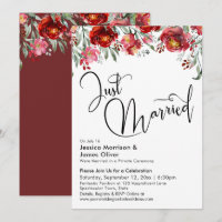 Just Married Typography Burgundy Red Floral