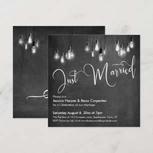 Just Married Typography, Edison Lights, Chalkboard Invitation