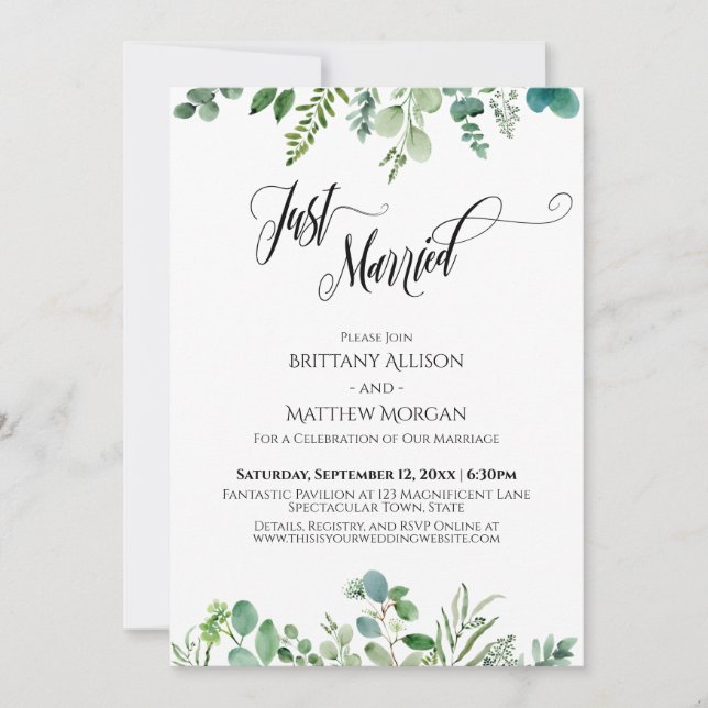 Just Married Typography Eucalyptus Greenery Invitation (Front)