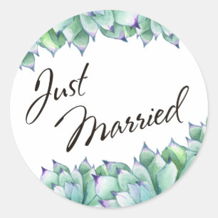 Just Married Typography w/ Watercolor Succulents Classic Round Sticker