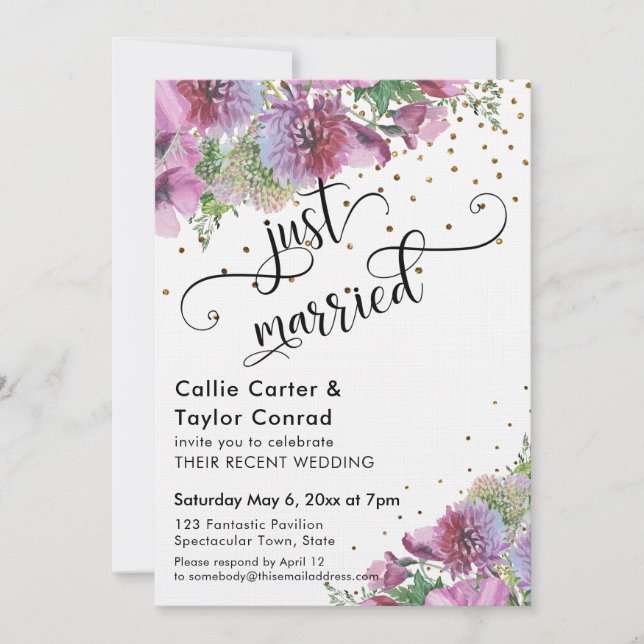 Just Married Typography Wildflower Gold Confetti Invitation (Front)