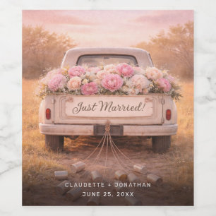 Just Married Vintage Truck Blush Floral Wedding Wine Label