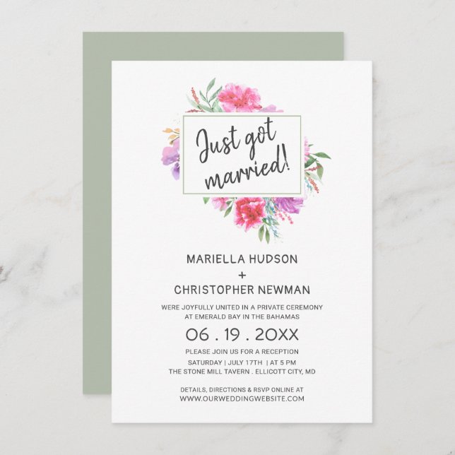 Just Married Watercolor Bouquet Reception Only Invitation (Front/Back)