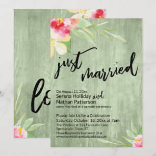 Just Married Watercolor Flowers & Green Wood Invitation