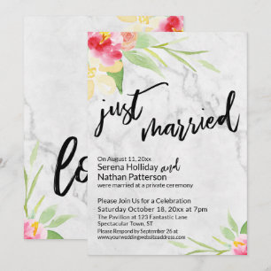 Just Married Watercolor Flowers & Grey Marble Invitation