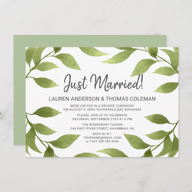 Just Married Watercolor Willow Wreath Announcement (Front/Back)