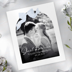 Just married Wedding Announcement Cards Blue Bow