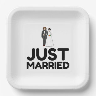 JUST MARRIED WEDDING BRIDE GROOM PAPER PLATE
