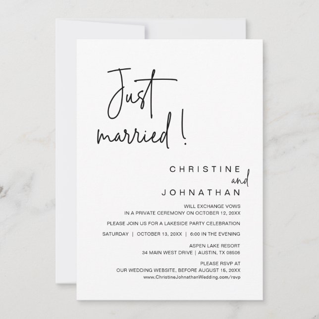 Just Married, Wedding Elopement Dinner Party Invit Invitation (Front)