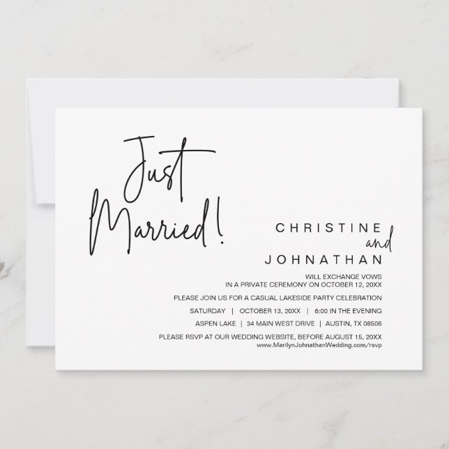 Just Married, Wedding Elopement Dinner Party Invitation (Front)