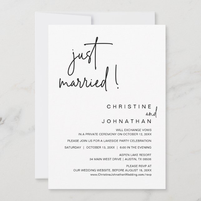 Just Married, Wedding Elopement Dinner Party Invitation (Front)