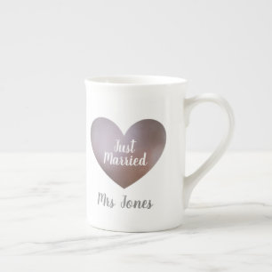 Just Married wedding pearl and purple heart cup