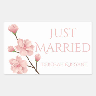 Just Married Wedding Pink Cherry Blossom Flower Rectangular Sticker