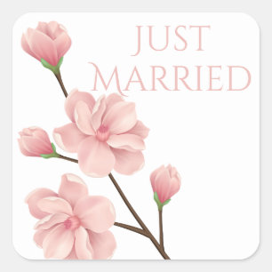 Just Married Wedding Pink Cherry Blossom Flower Square Sticker