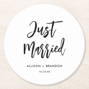 Just Married Wedding Reception Bar Round Paper Coaster