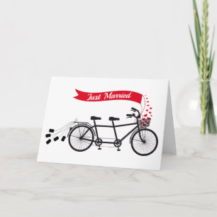 Just married, wedding tandem bicycle announcement