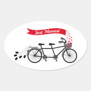 Just married, wedding tandem bicycle oval sticker