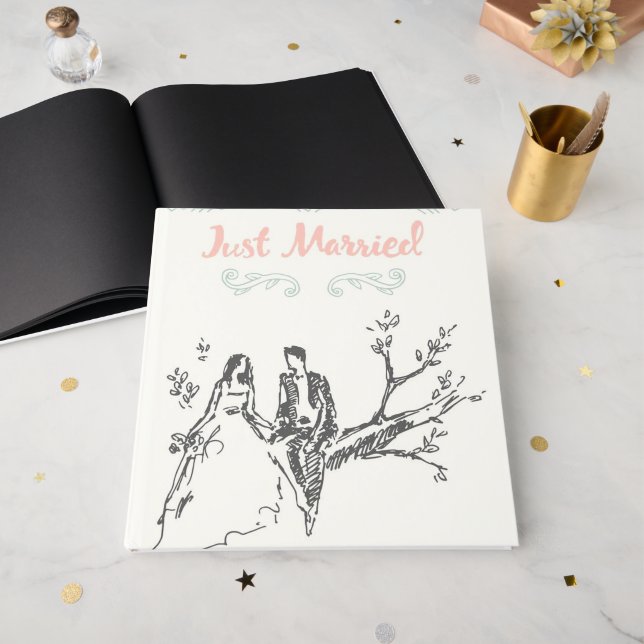"Just Married" Whimsical Sketch Wedding Guest Book (Front Open)