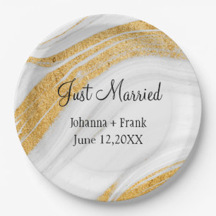 Just Married White and Gold Agate Paper Plate