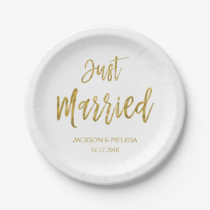 Just Married White and Gold Foil Paper Plates