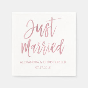 Just Married White and Rose Gold Foil Napkins