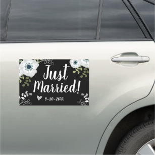 Just Married with Custom Date Floral Black Car Magnet