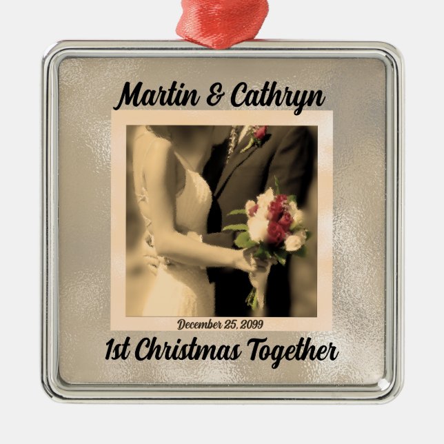 Just Married with Name and Year 1st Christmas Metal Tree Decoration (Front)