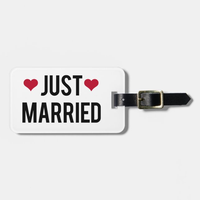 just married with two red hearts luggage tag (Front Horizontal)