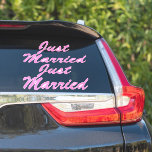 JUST MARRIED XL Car Stickers (2) - CARNATION PINK<br><div class="desc">2 x JUST MARRIED XL Car Stickers - Font #3 Brush Script - a bold Italic script font - CARNATION PINK #FF8AD8 COLOR TEXT. 14" x 14" XL Extra Large Kiss Cut Stickers - with MATTE WHITE 0.125" BORDER & FILL (for adding contrast to edge of darker designs and for...</div>