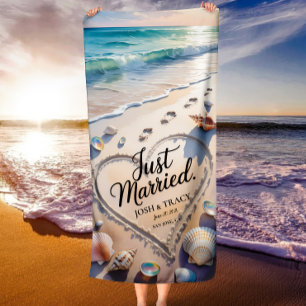 Just MarriedFootprints in Sand Romantic Honeymoon Beach Towel