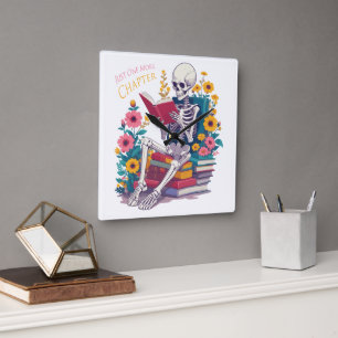 Just One More Chapter Skeleton Reading Book Reader Square Wall Clock