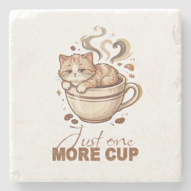 Just One More Cup Funny Cat Coffee Marble Coaster (Front)