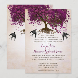 Just Peachy Sangria Heart Leaf Tree Wedding Invite