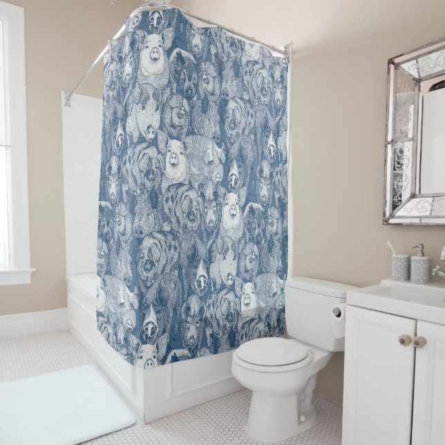 just pigs cobalt denim shower curtain (In Situ)