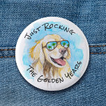 Just Rocking The Golden Years Funny Pun Retirement 3 Cm Round Badge<br><div class="desc">Funny retirement gift with a cool golden retriever on a tropical beach. Original design created from one of our hand painted watercolors.</div>