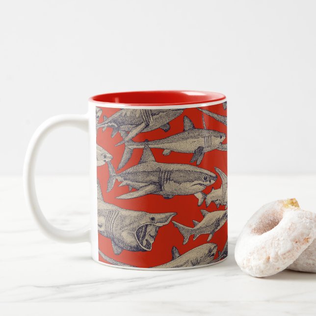 just sharks retro Two-Tone coffee mug (With Donut)
