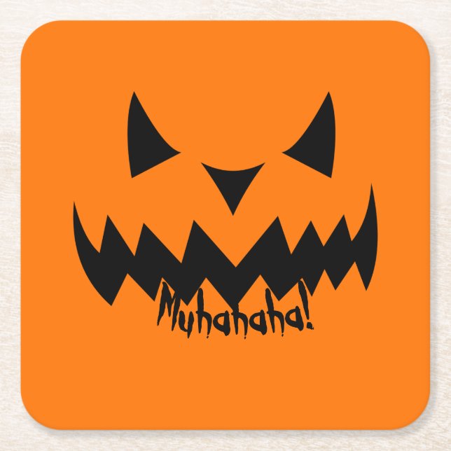 Just Tricks Evil Smiling Pumpkin Halloween Square Paper Coaster (Front)
